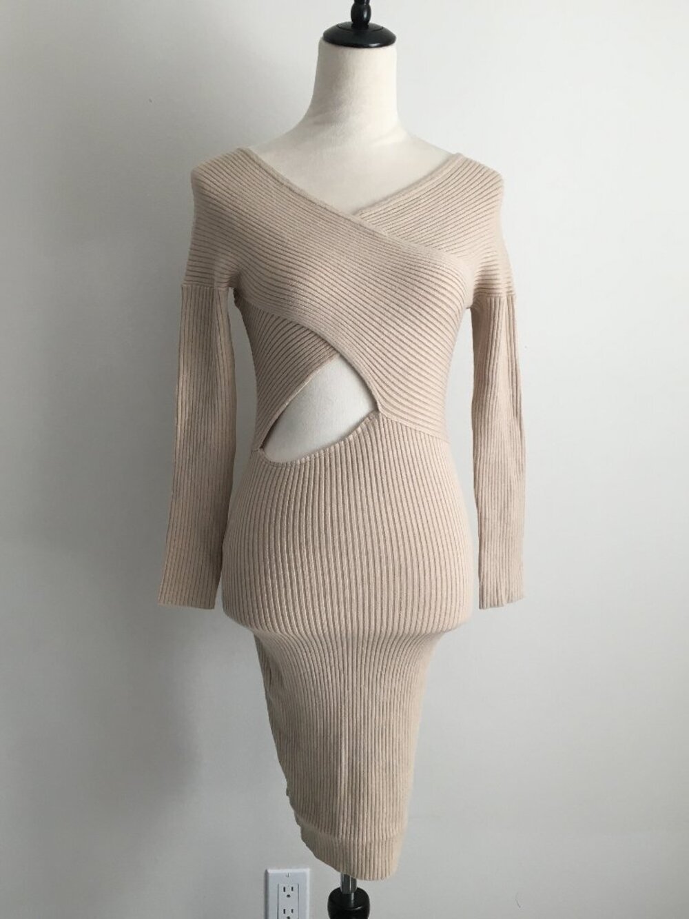 MARCIANO Beige Ribbed Stretch Knit Cut Out Criss Cross Off Shoulder Midi Dress